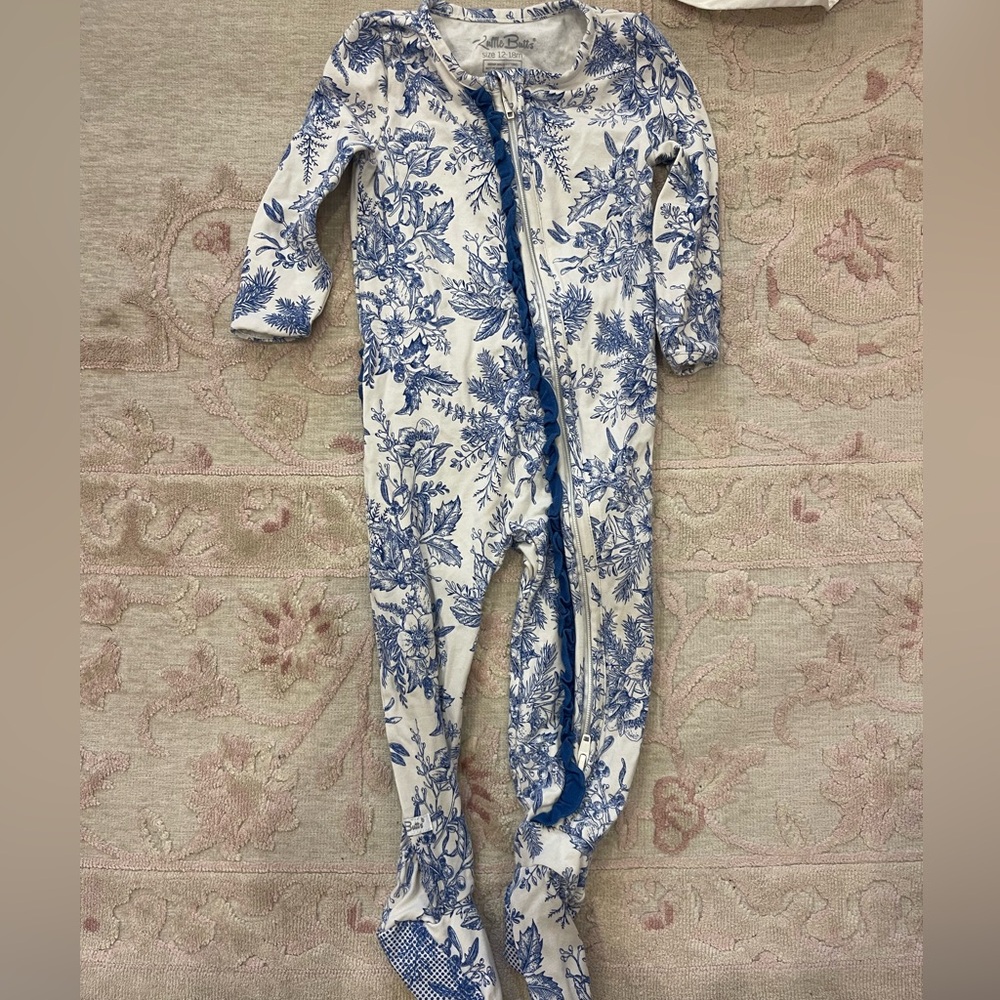 Ruffle Butts Blue and White Floral Footie